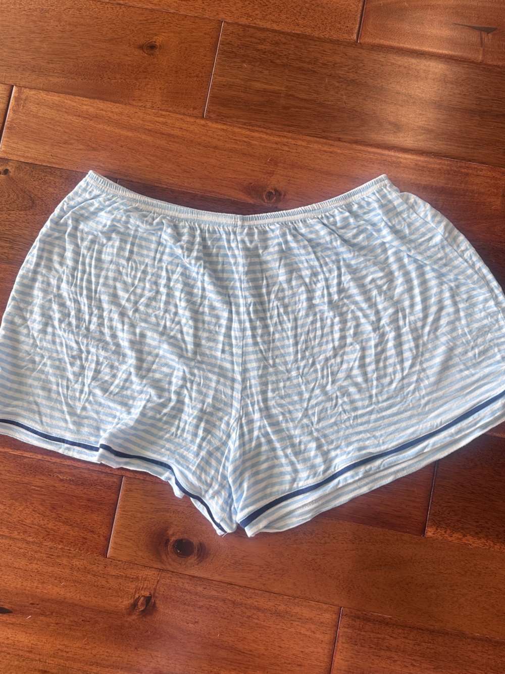 Light Blue Striped Women's Lounge Shorts with Navy Trim
